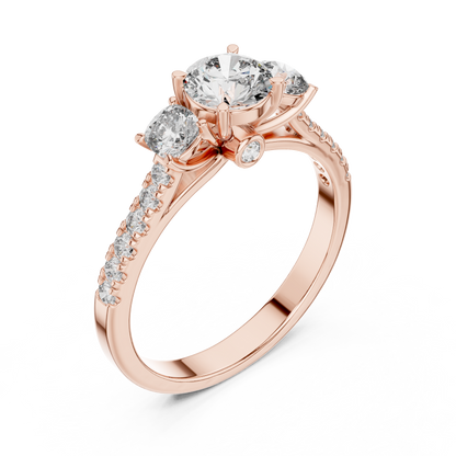 Rose gold ring with two prominent diamonds on a white background