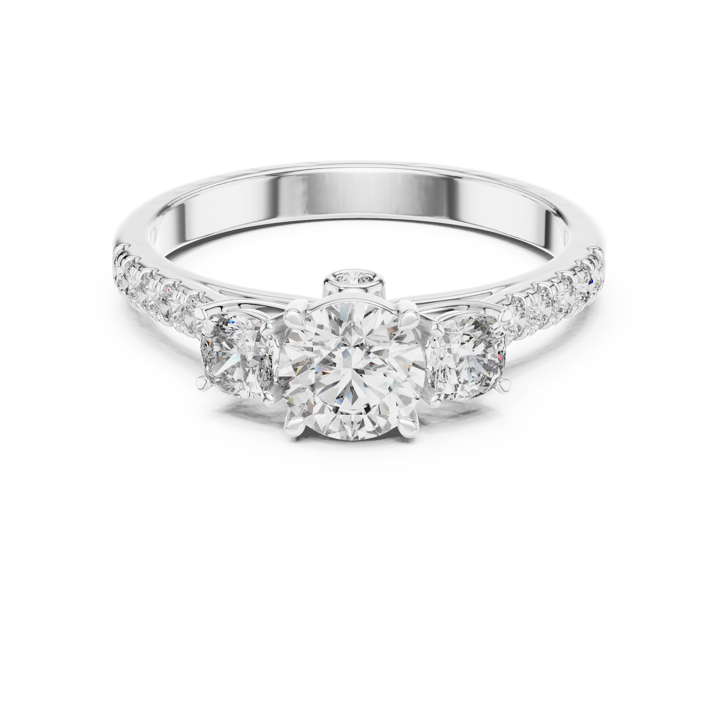 Diamond ring with a white gold band on a white background