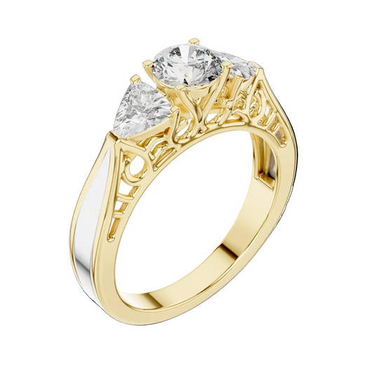 Gold ring with three clear gemstones on a Black background