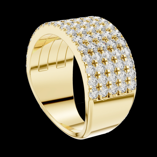 Gold ring with diamond accents on a white background