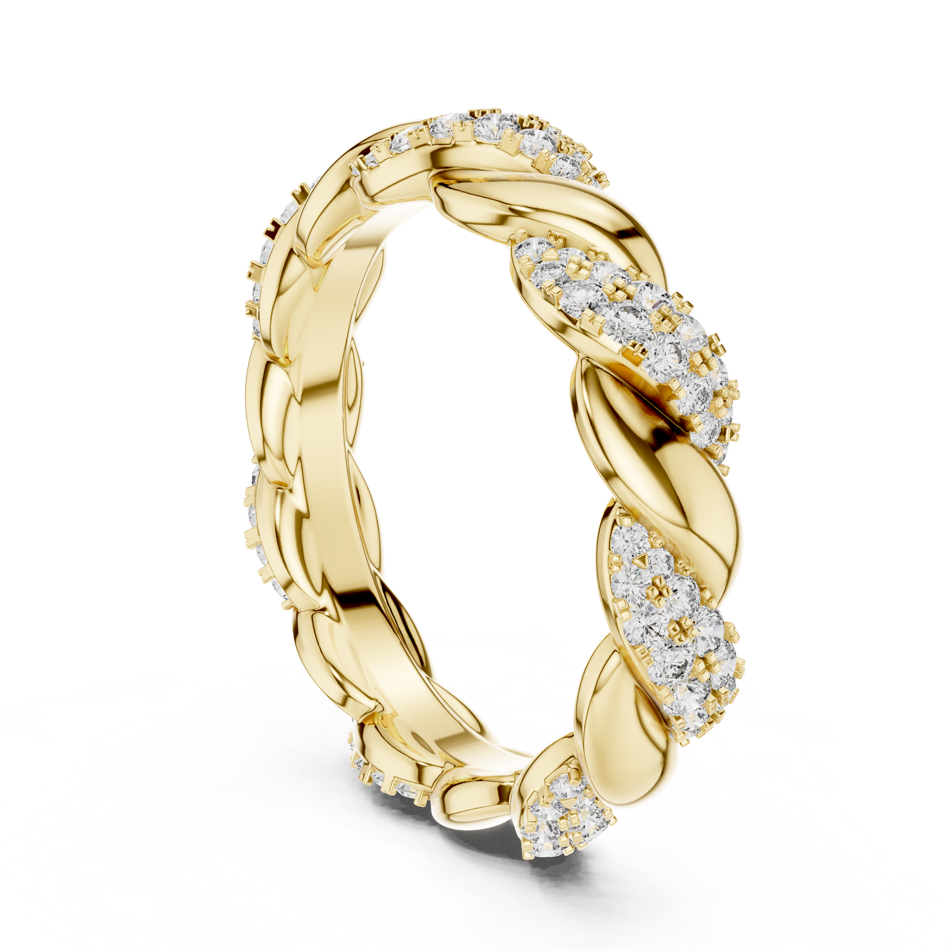 Gold ring with diamond accents on a white background