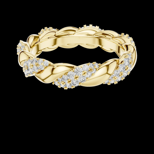 Gold ring with diamond accents on a black background