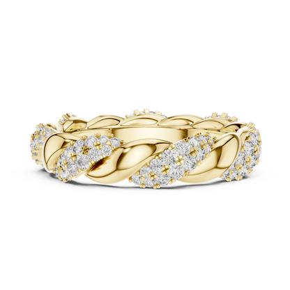 Gold ring with diamond accents on a white background