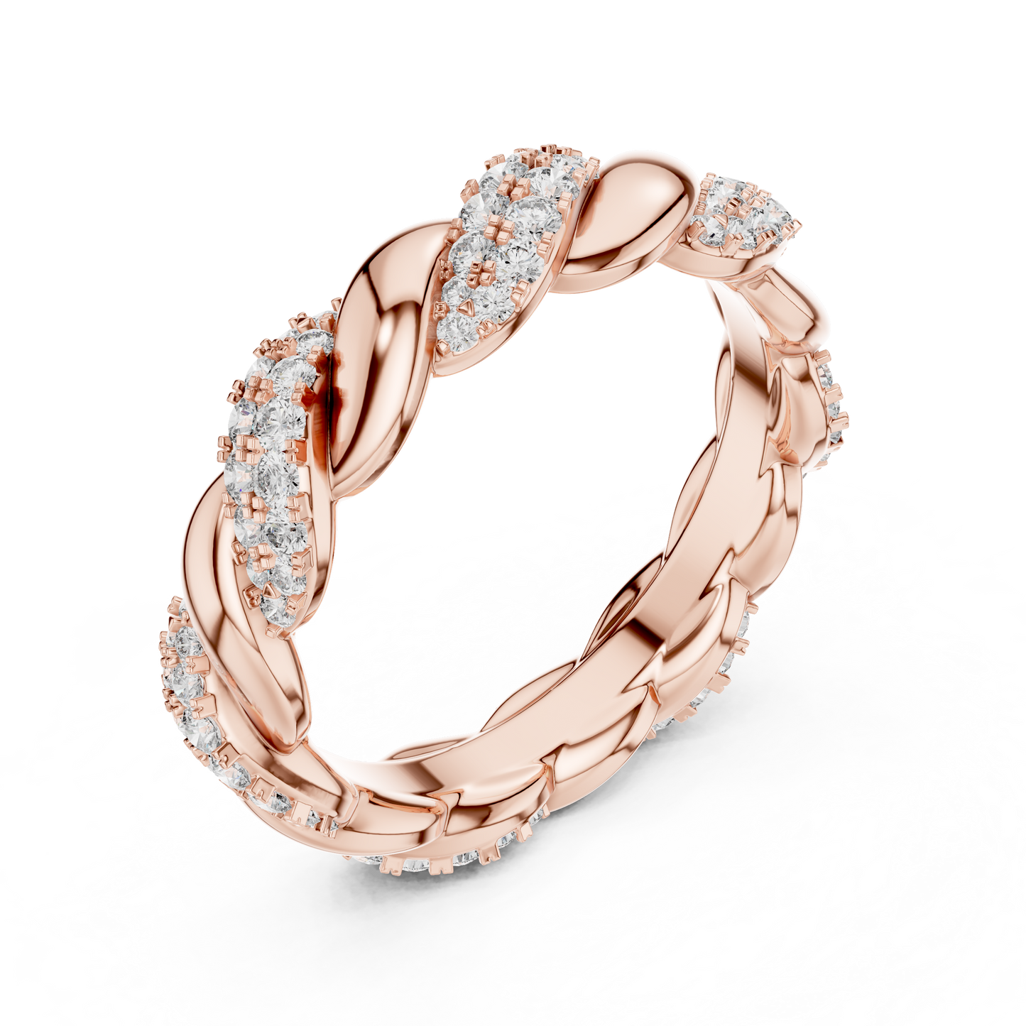 Rose gold ring with diamond accents on a white background
