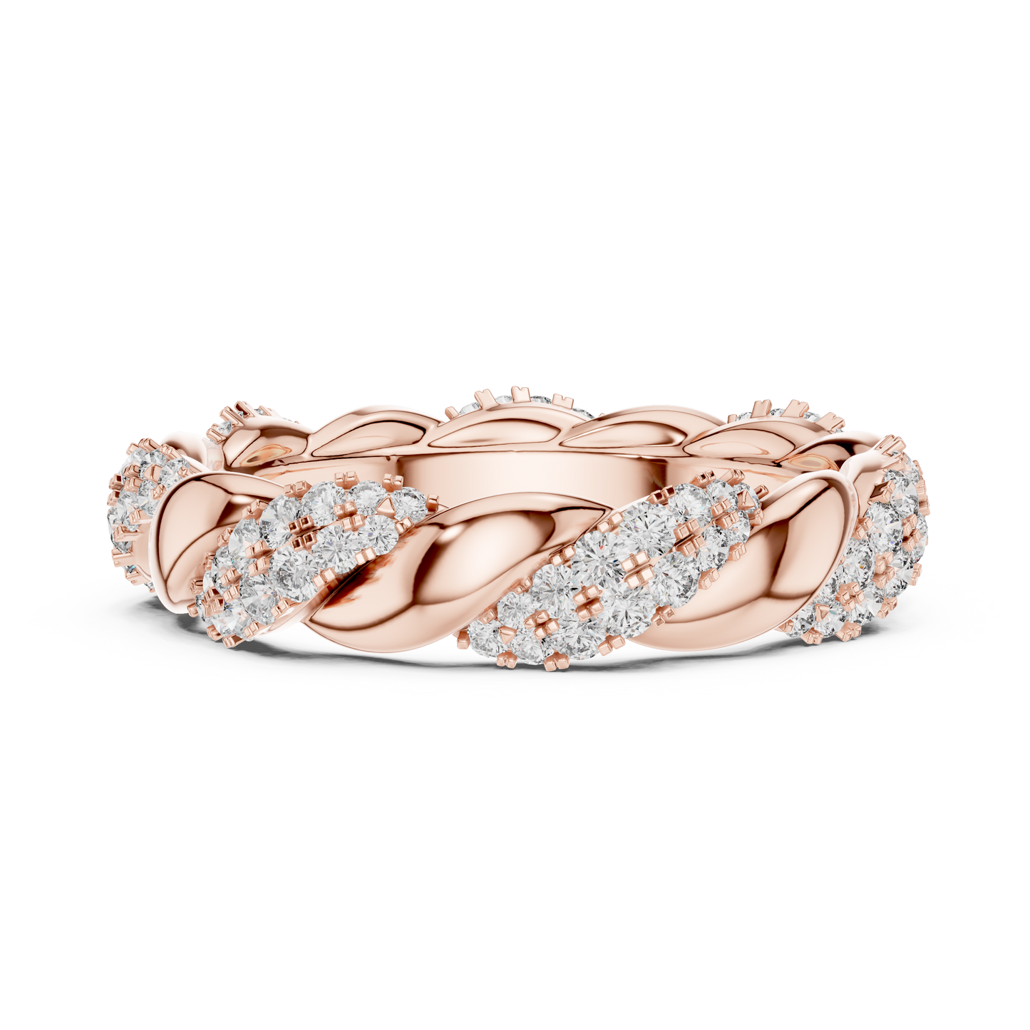 Rose gold ring with diamond accents on a white background