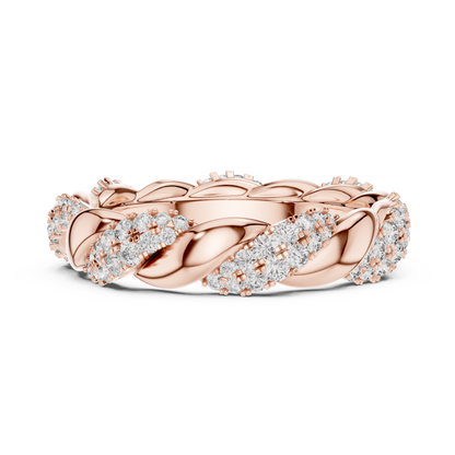 Rose gold ring with diamond accents on a white background