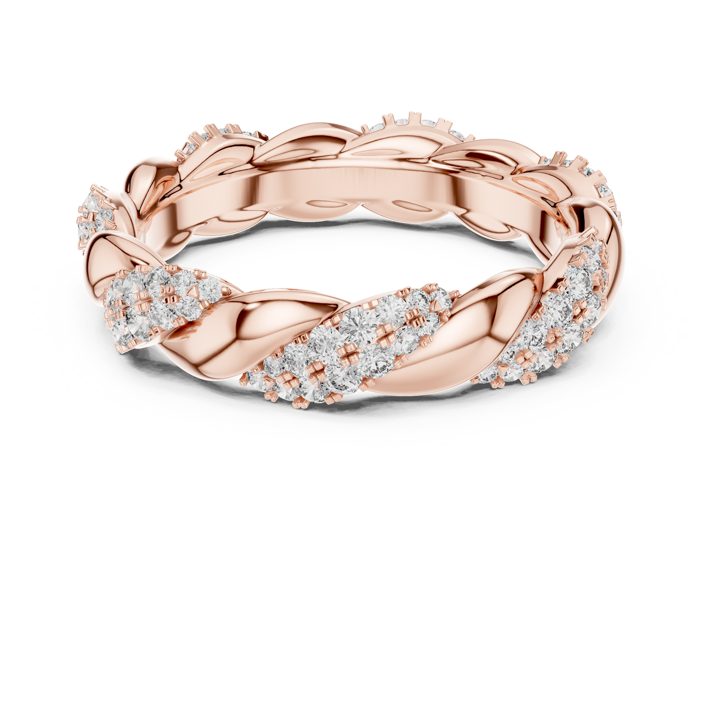 Rose gold ring with diamond accents on a white background