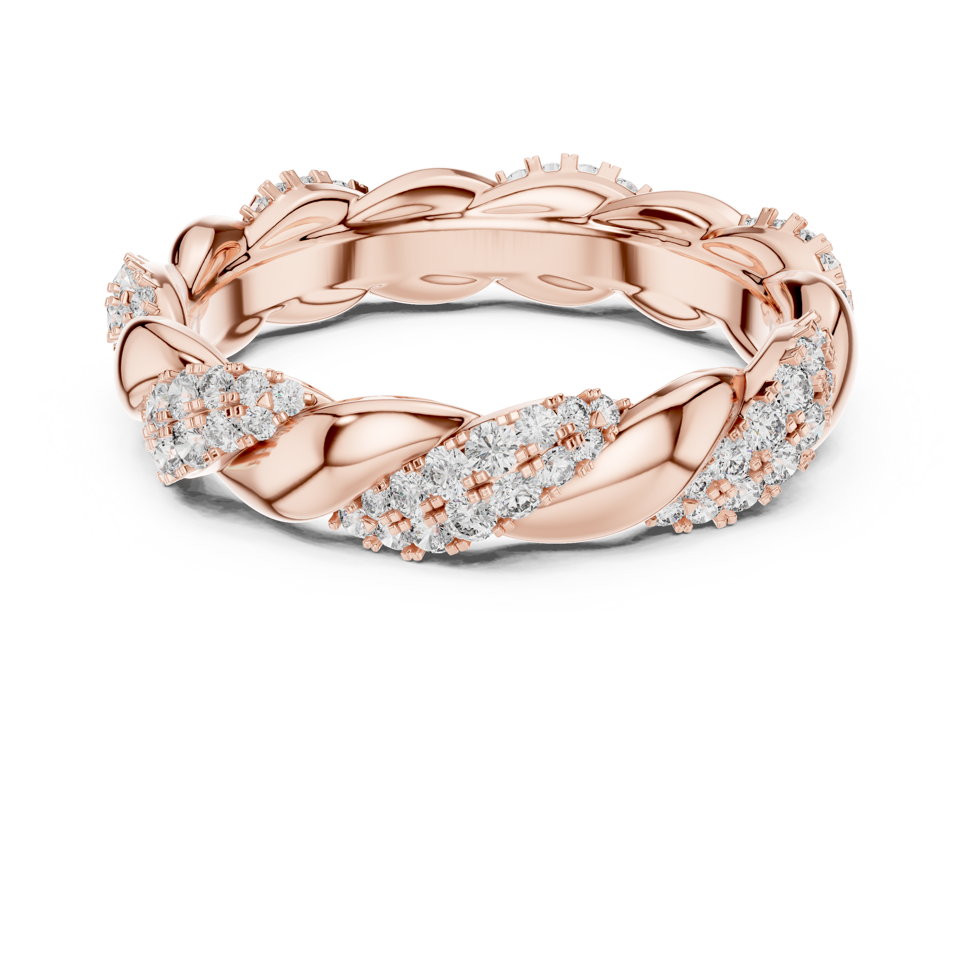 Rose gold ring with diamond accents on a white background