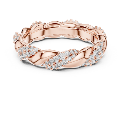Rose gold ring with diamond accents on a white background