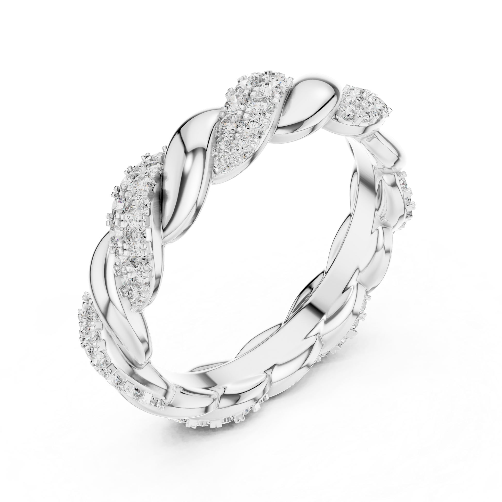 Silver ring with diamond accents on a white background