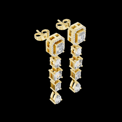 Gold earrings with clear gemstones on a black background