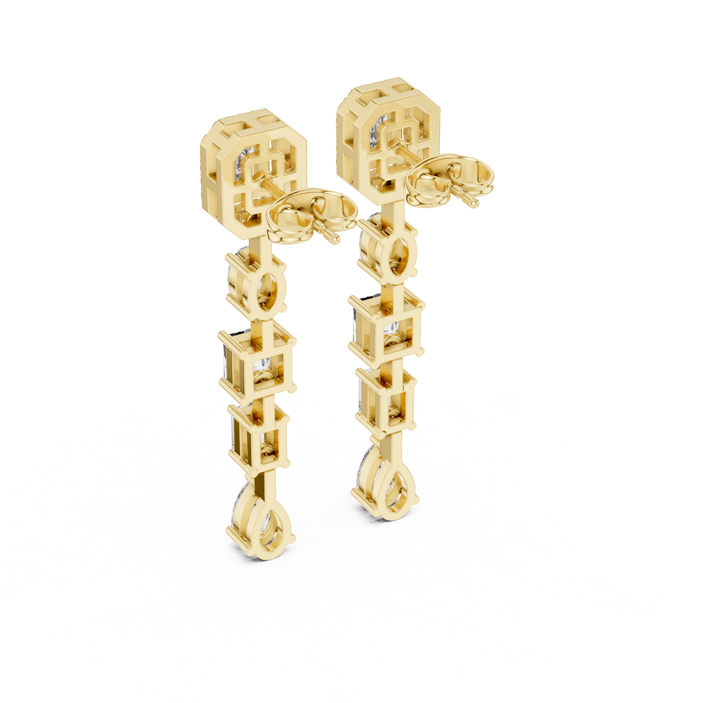 Gold earrings with geometric design on a white background