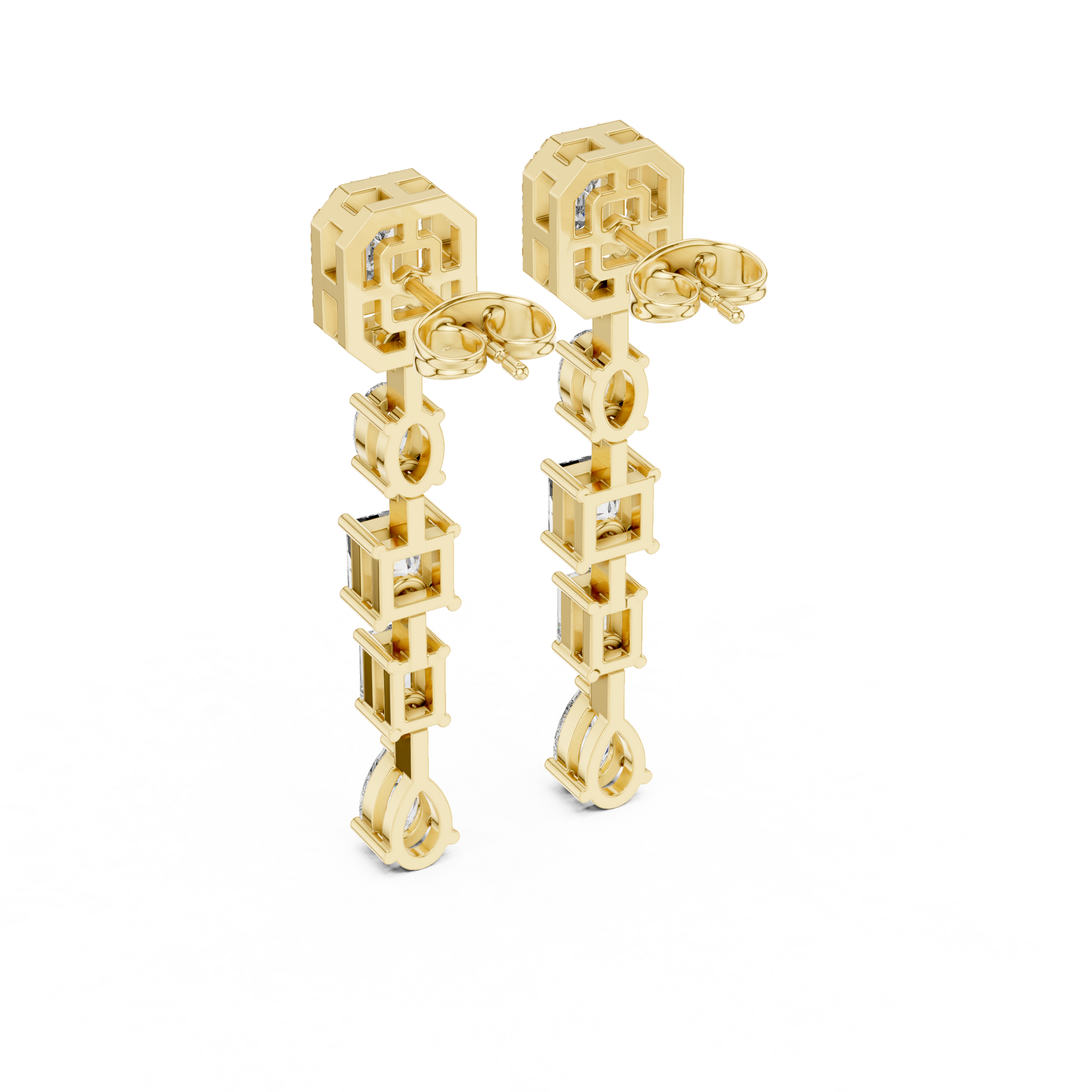 Gold earrings with geometric design on a white background