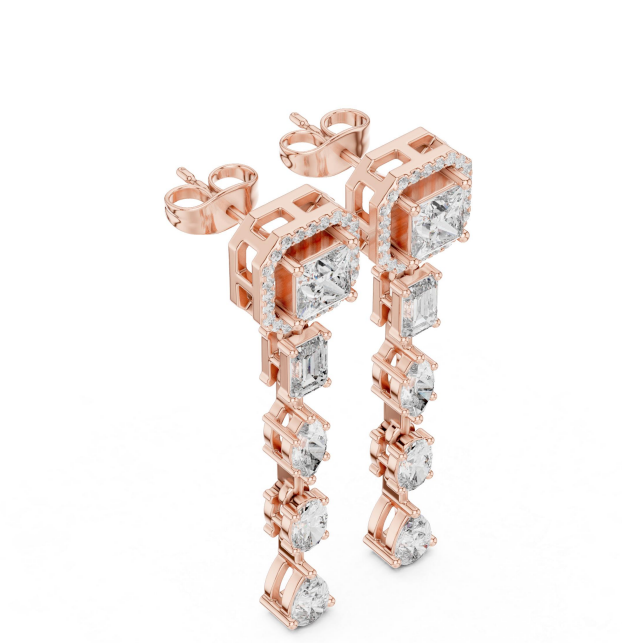 Rose gold earrings with diamond accents on a white background