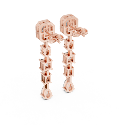 Rose gold earrings with geometric design on a white background