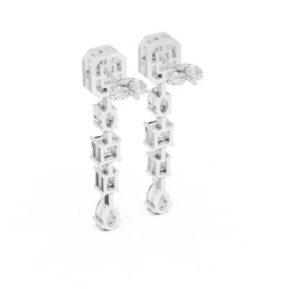 Pair of silver earrings with geometric design on a white background