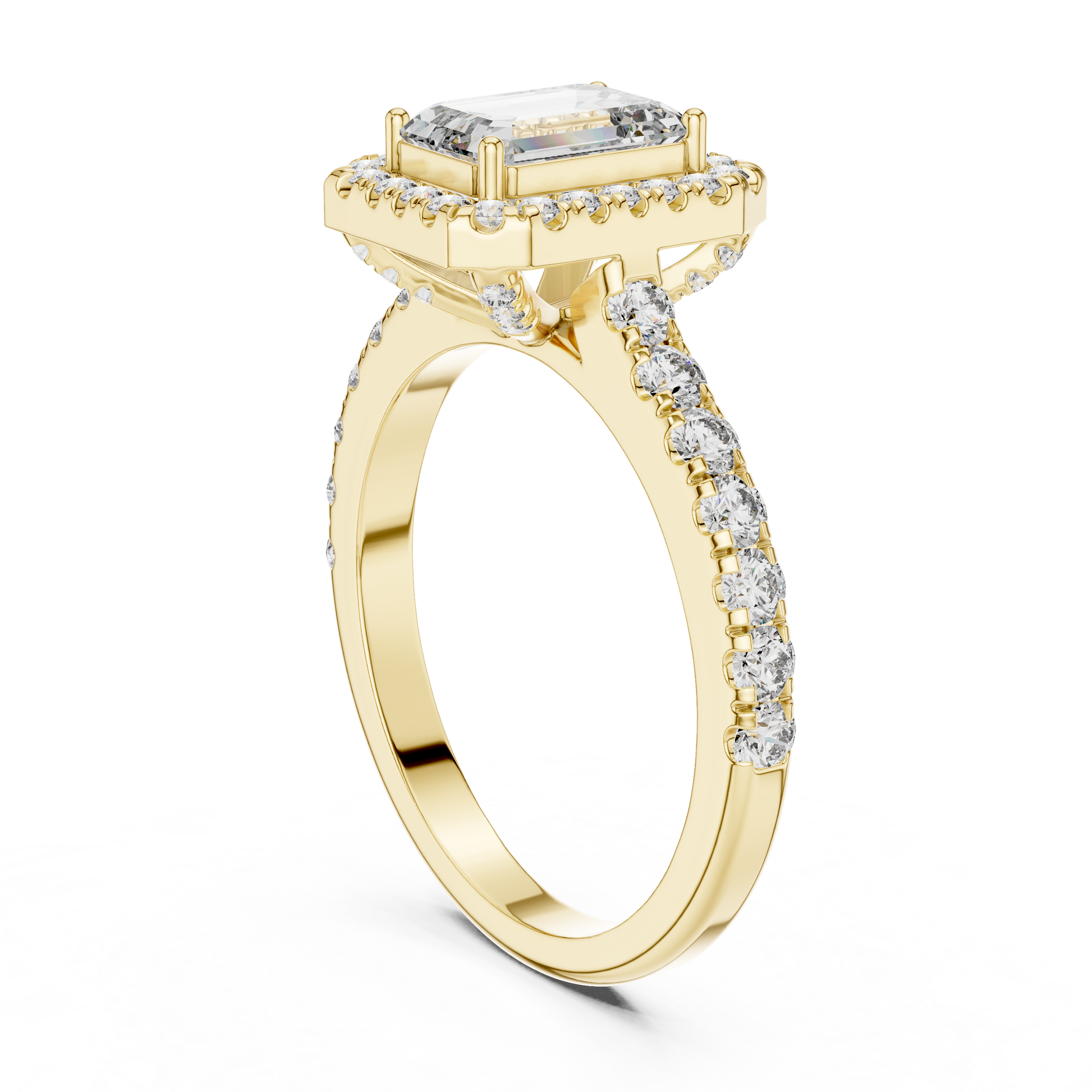 Gold ring with a diamond-studded band on a white background