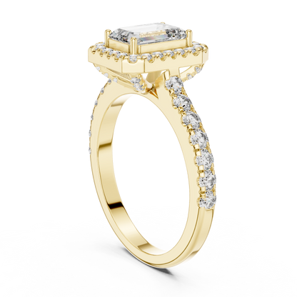 Gold ring with a diamond-studded band on a white background