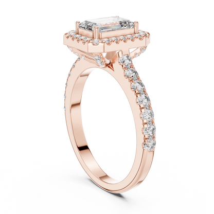 Rose gold ring with diamonds on a white background