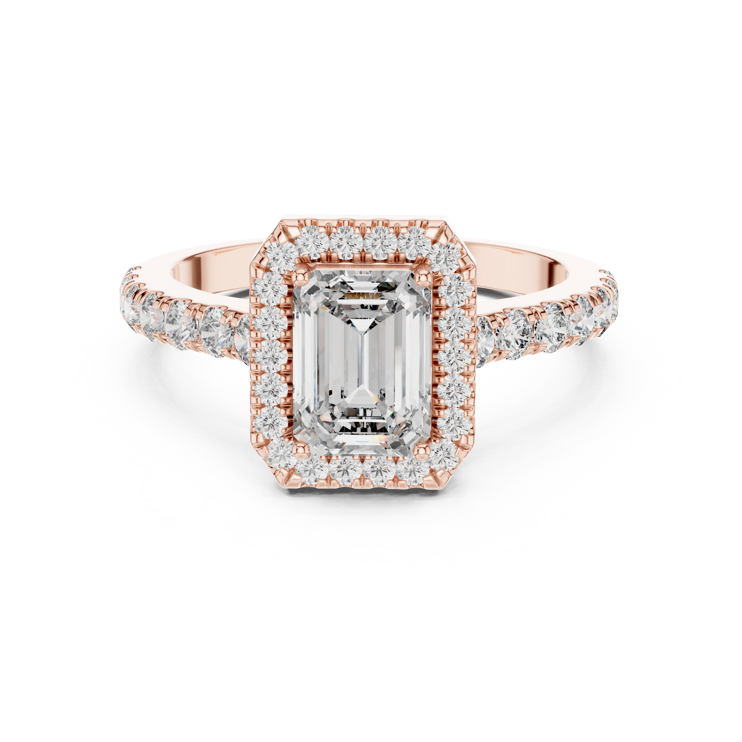 Rose gold ring with emerald-cut diamond and smaller diamonds on a white background