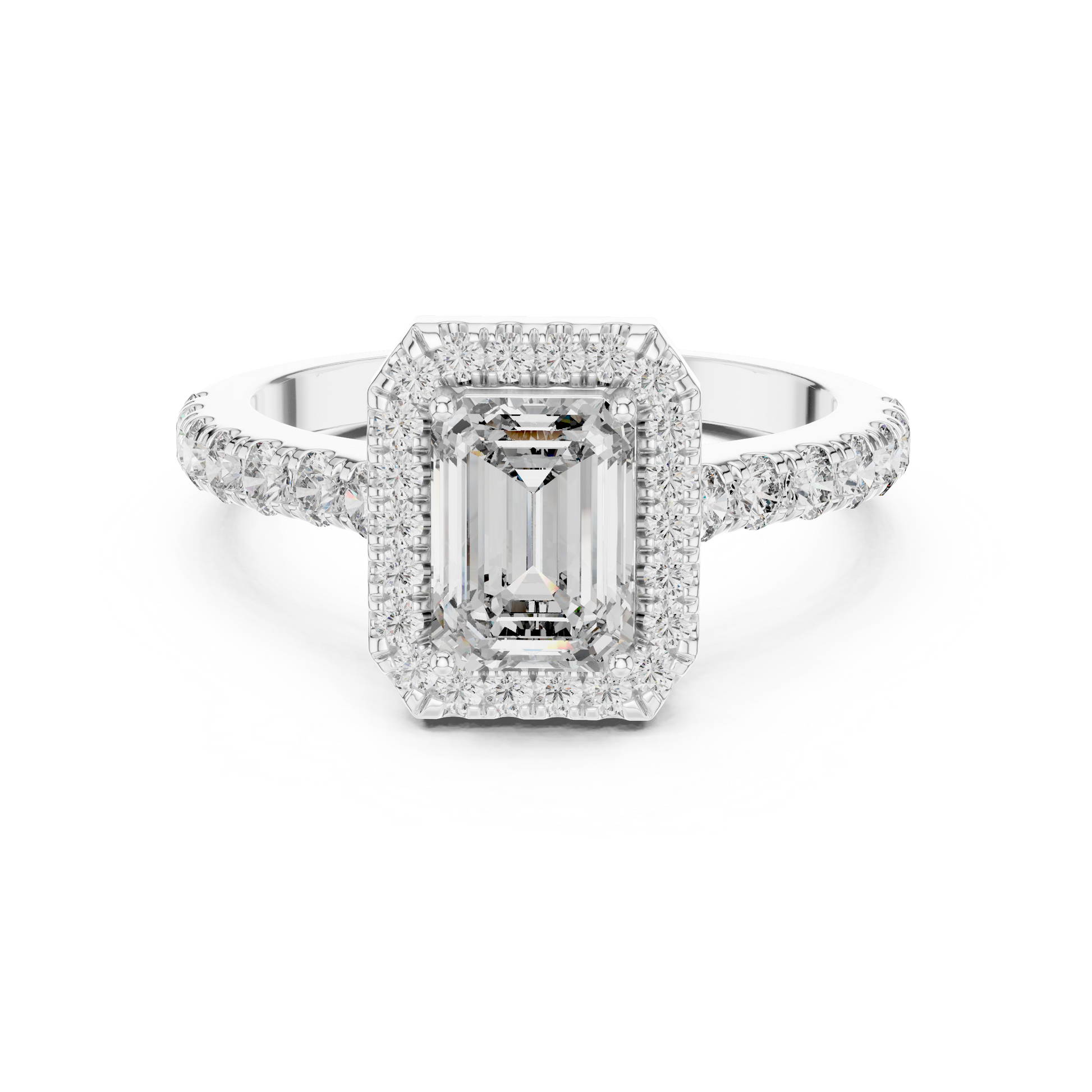 Diamond ring with a central emerald-cut gemstone and diamond accents on a white background