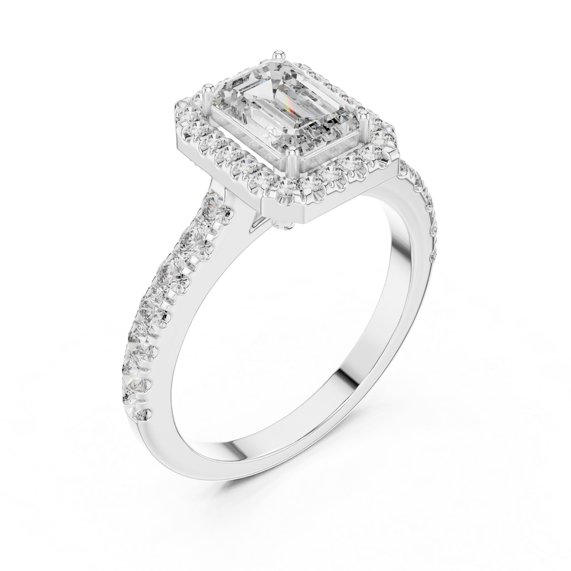 Diamond ring with a rectangular center stone on a white background