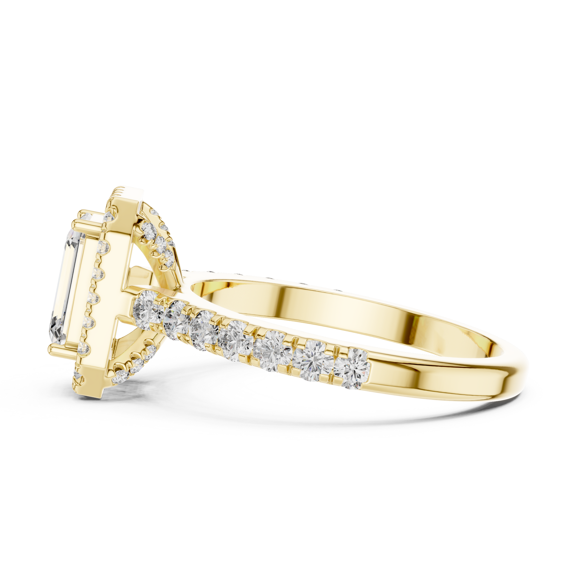 Gold ring with diamond accents on a white background