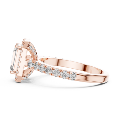 Rose gold ring with diamond accents on a white background