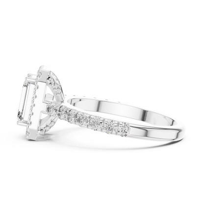 Diamond ring with a white gemstone on a white background