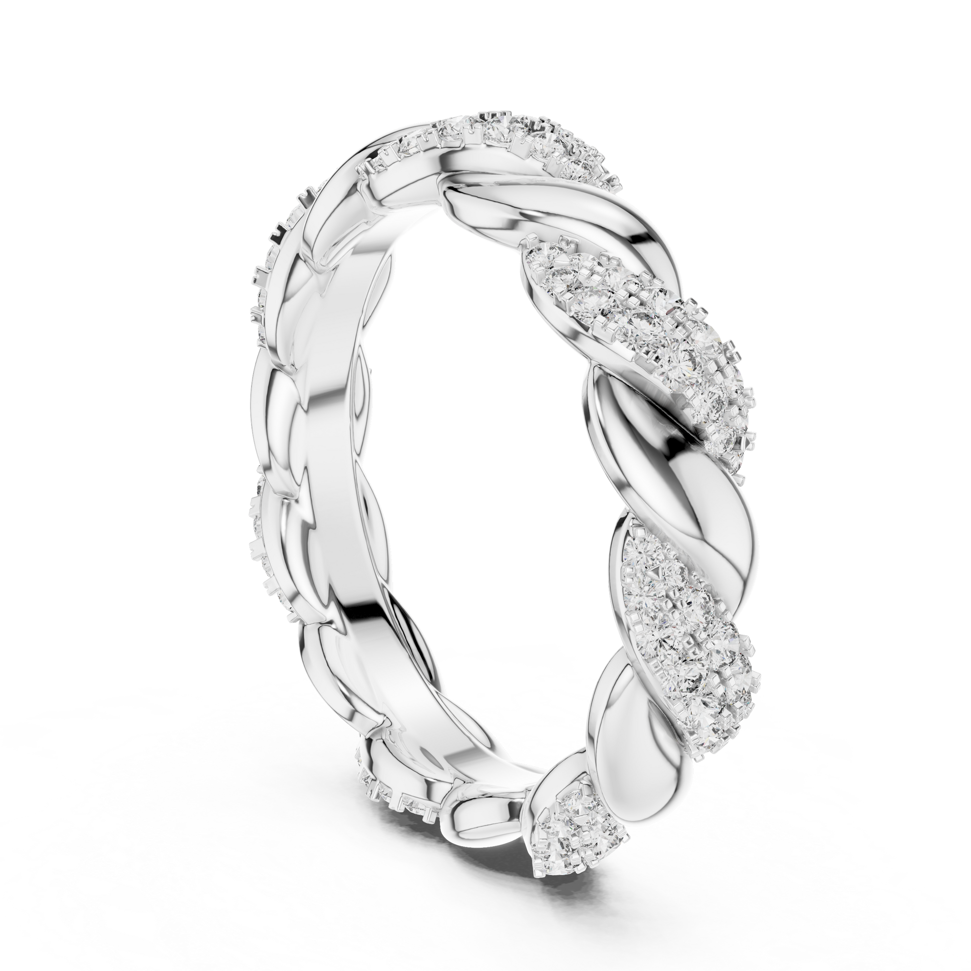 Silver ring with intricate design on a white background