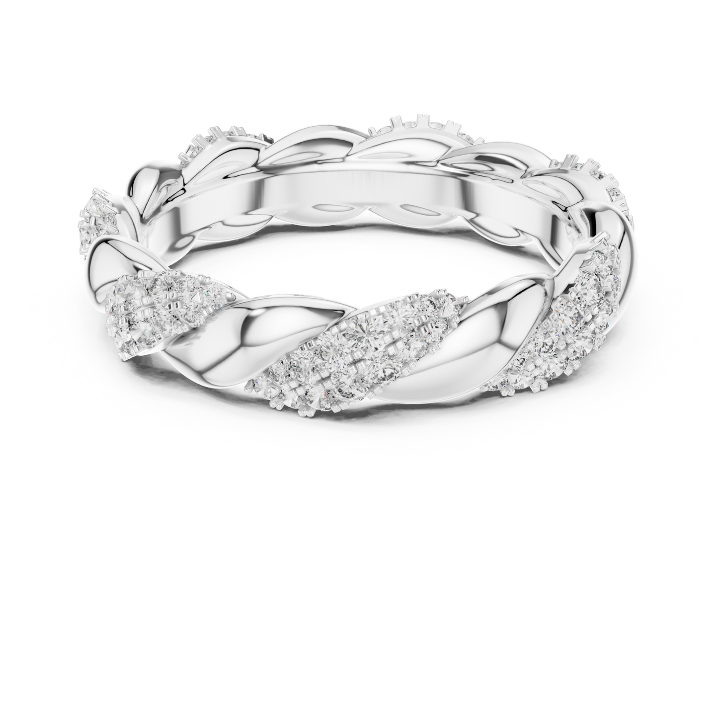 Silver ring with diamond accents on a white background