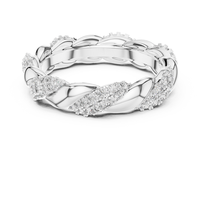 Silver ring with diamond accents on a white background