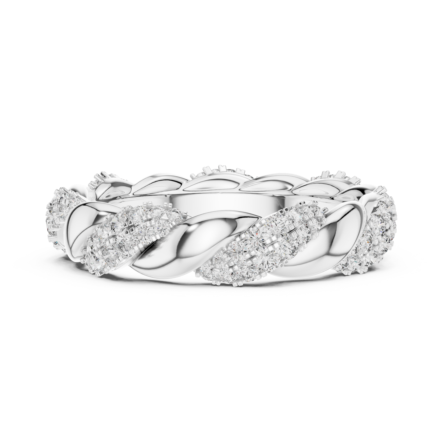 Silver ring with diamond accents on a white background
